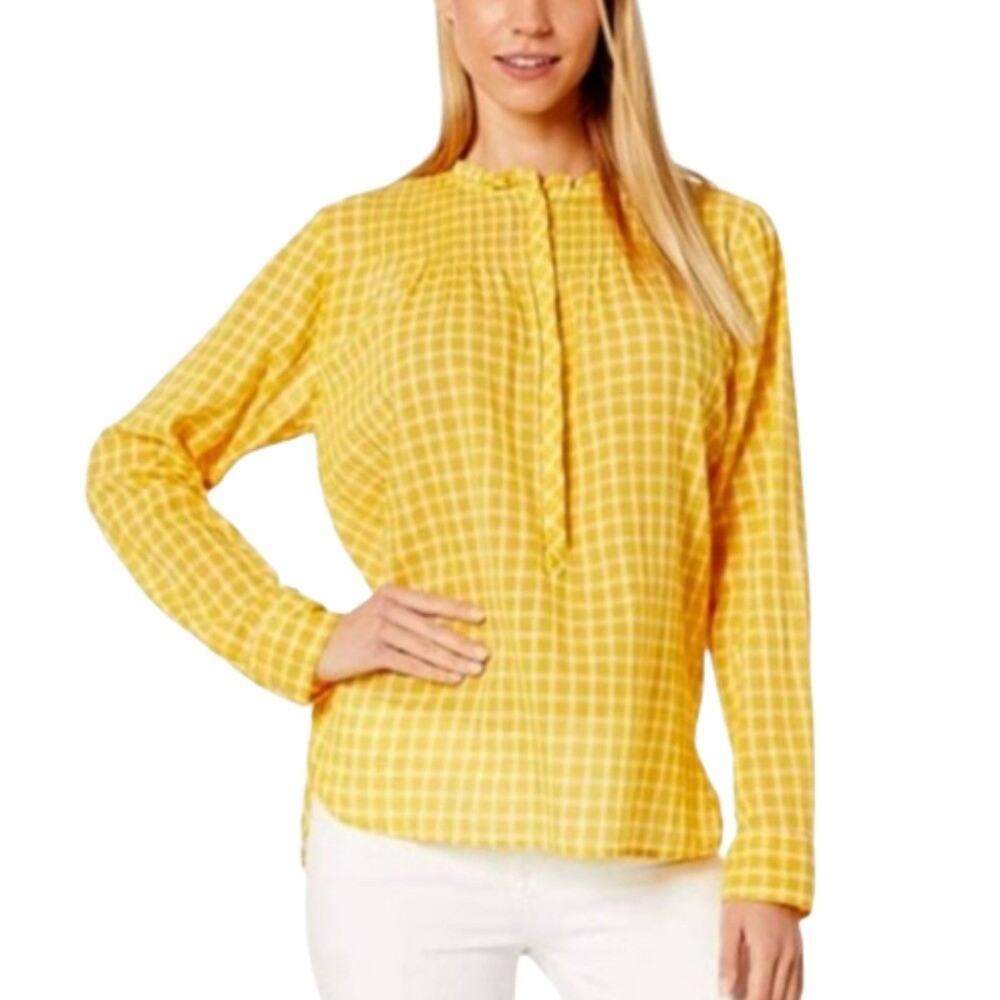 j. Crew Yellow Plaid Long Sleeve Ruffle Neck Top Button Down Casual Blouse